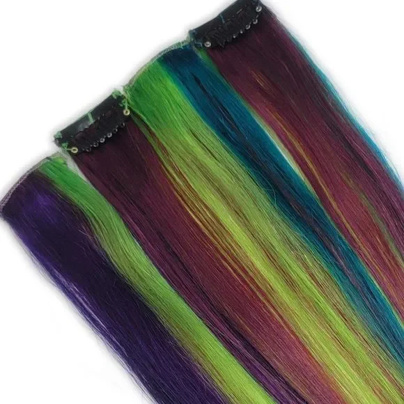 100% Real Human Hair Extensions Clip in Colored Hairstyles Green Aqua Purple